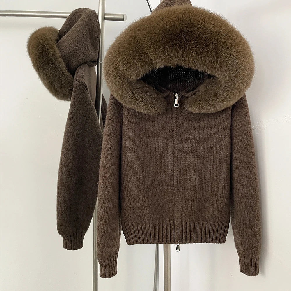 OFTBUY Real Fox Fur Kintwear Women New Spring Autumn Hooded Sweater Female Loose Zipper Kintted Jacket Oversized Cardigan