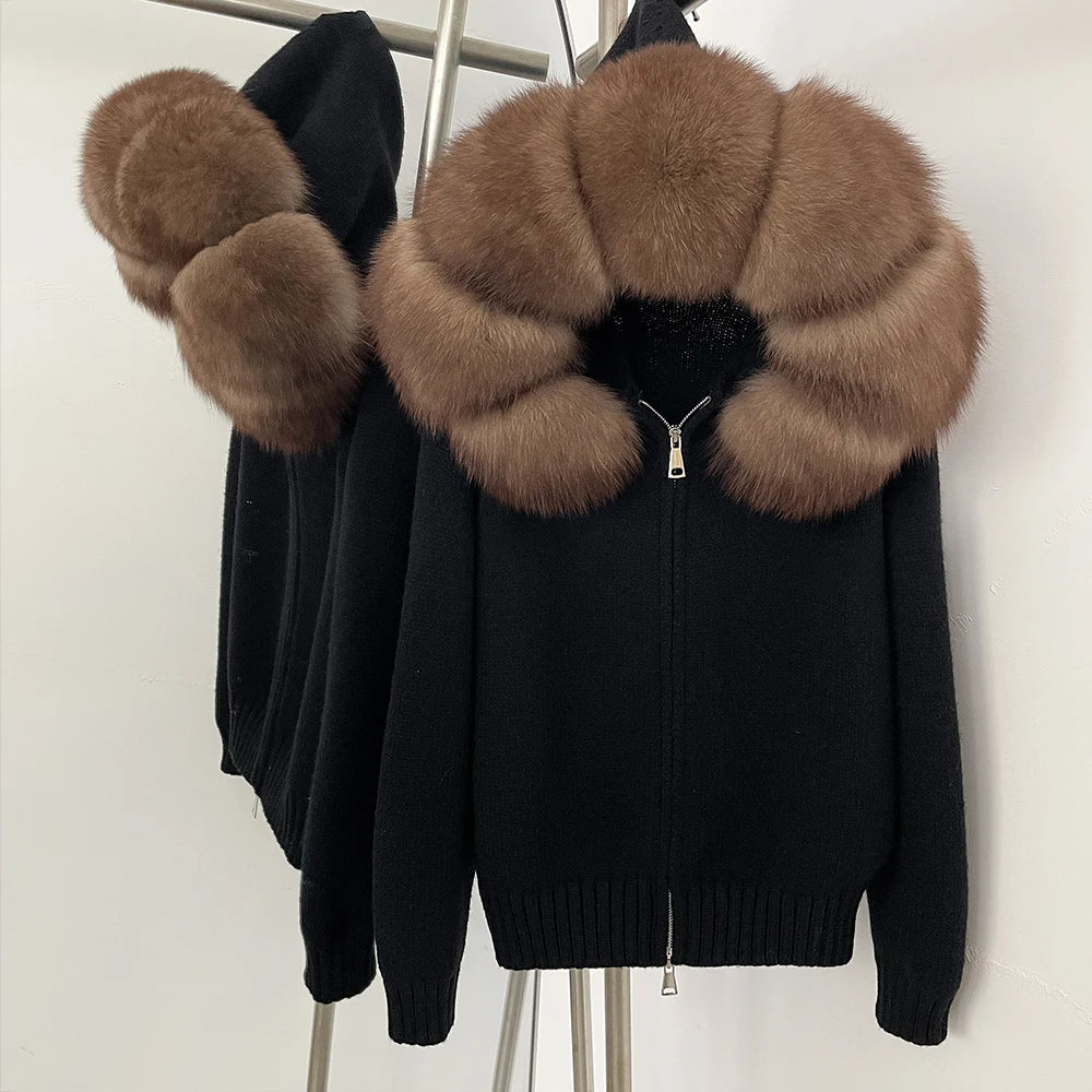Coat Women Cardigan Natural Fox Fur Coat Women Real Mongolian Fur Knitwear Female Spring Autumn Hooded Knitted Fur Jacket