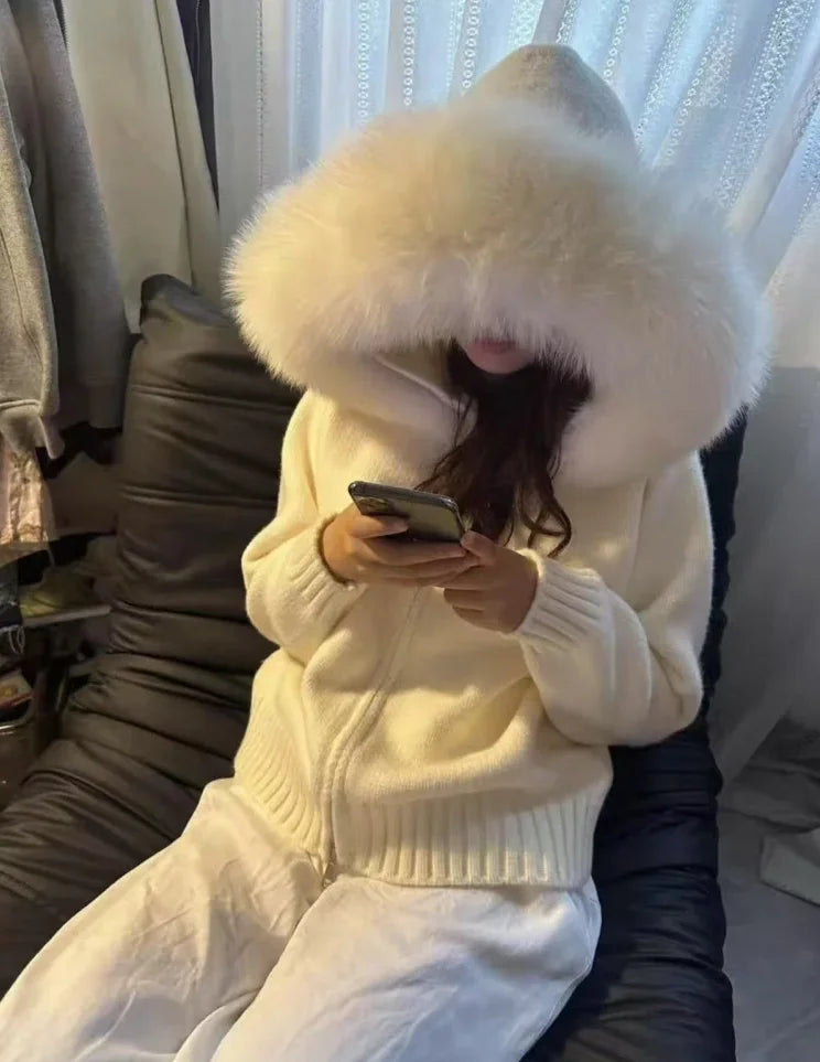 Coat Women Cardigan Natural Fox Fur Coat Women Real Mongolian Fur Knitwear Female Spring Autumn Hooded Knitted Fur Jacket