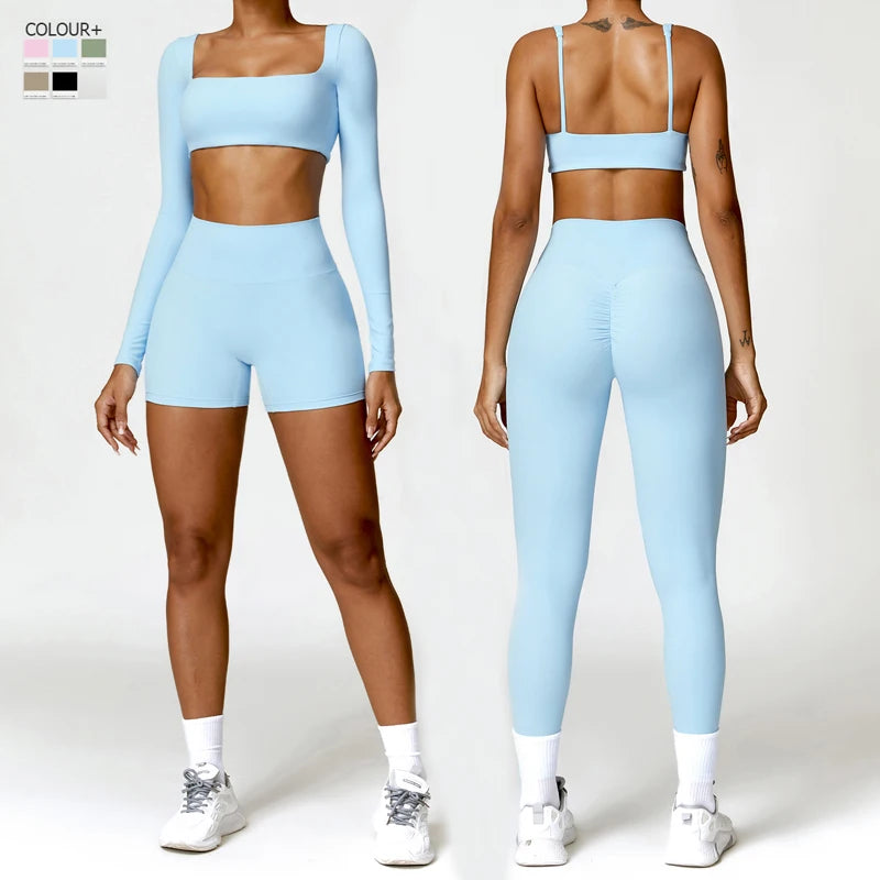 Women Two Pieces Fitness Yoga Set Solid Color Stretchy Soft Gym Suit Breathable Quick Running Sportswear Female Workout Clothes
