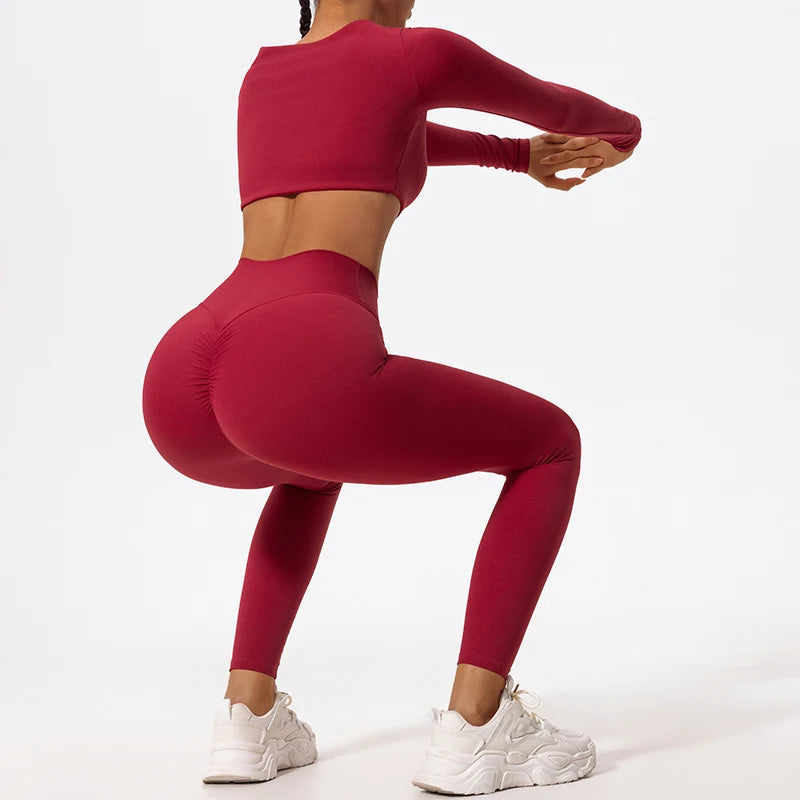 New Summer Long sleeve Shirt Sports Set Women Fitness Yoga Suit Crop Top High Waist Gym Set Women Quick-Dry 2Pcs Yoga Clothes