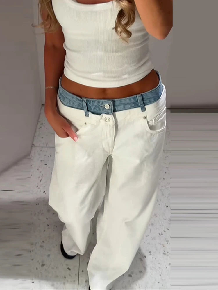 Contrast Denim Pants Women Midi Waist Wide Legs Straight Casual Jeans Female 2026 Autumn Winter New Chic Fashion Soft Streetwear