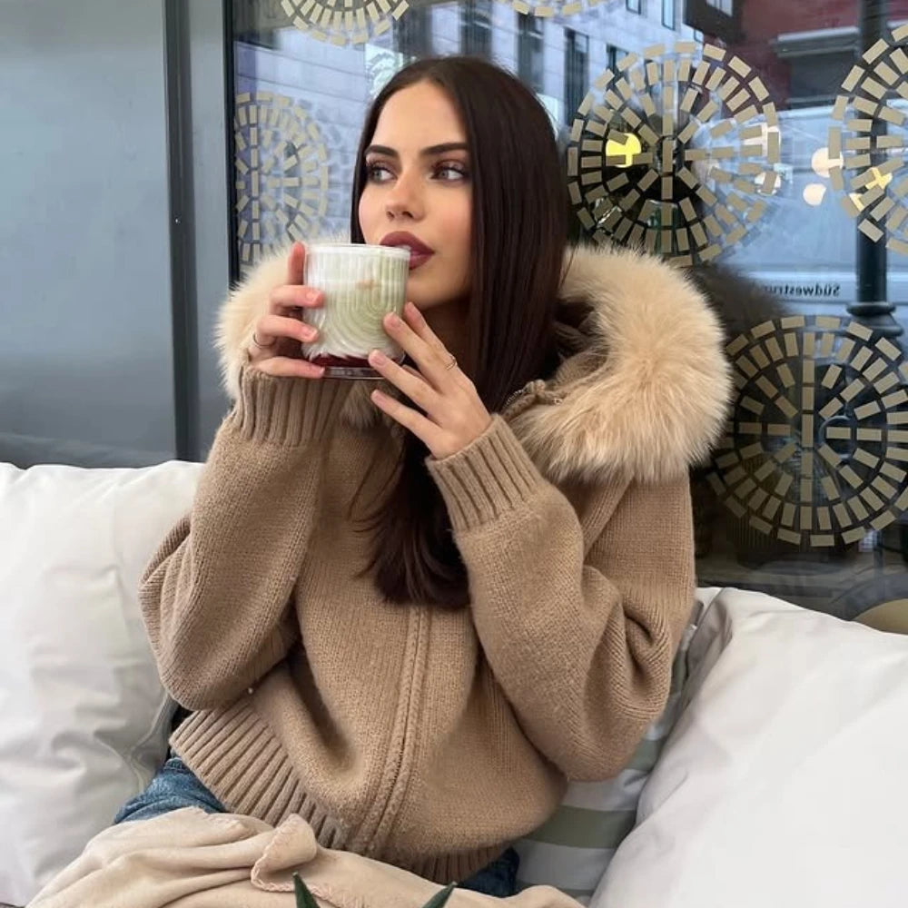 OFTBUY Real Fox Fur Kintwear Women New Spring Autumn Hooded Sweater Female Loose Zipper Kintted Jacket Oversized Cardigan