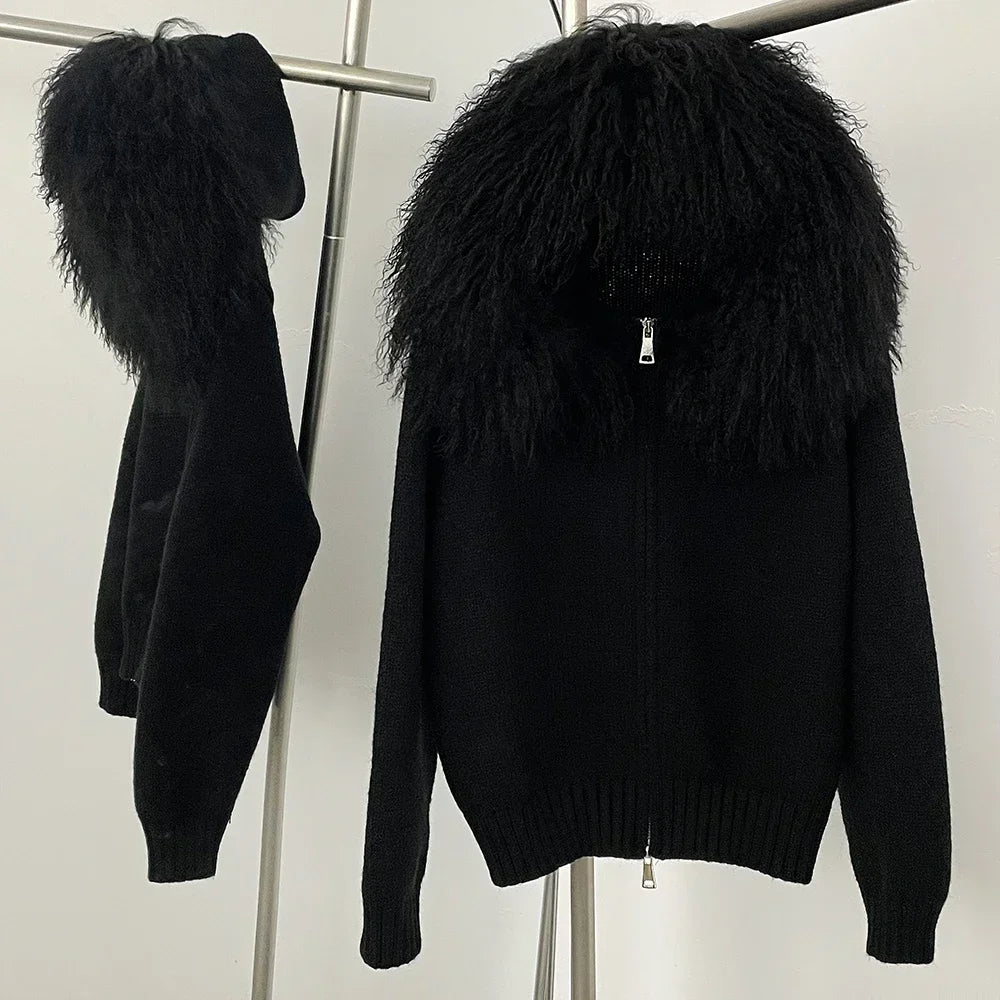 Coat Women Cardigan Natural Fox Fur Coat Women Real Mongolian Fur Knitwear Female Spring Autumn Hooded Knitted Fur Jacket