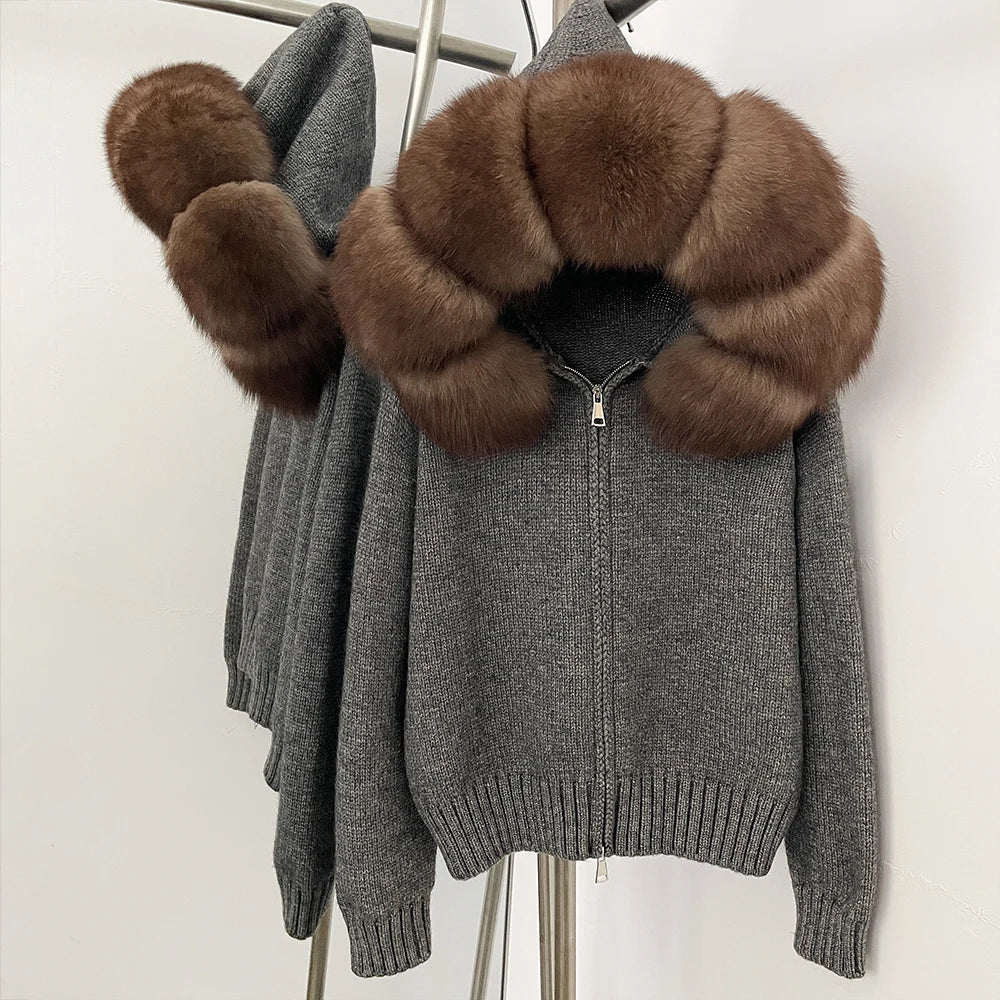 Coat Women Cardigan Natural Fox Fur Coat Women Real Mongolian Fur Knitwear Female Spring Autumn Hooded Knitted Fur Jacket