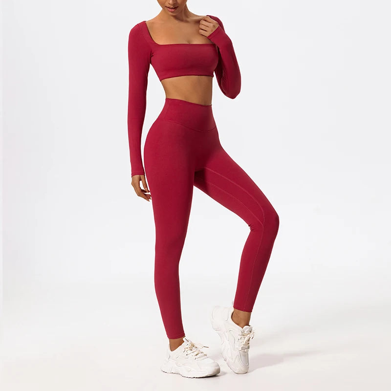 New Summer Long sleeve Shirt Sports Set Women Fitness Yoga Suit Crop Top High Waist Gym Set Women Quick-Dry 2Pcs Yoga Clothes