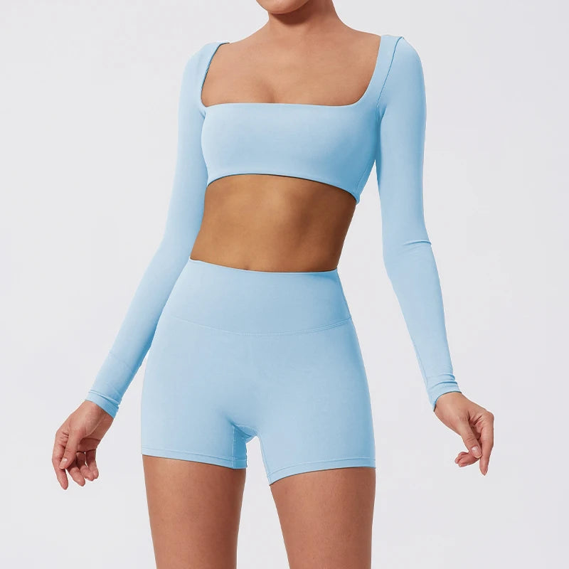 New Summer Long sleeve Shirt Sports Set Women Fitness Yoga Suit Crop Top High Waist Gym Set Women Quick-Dry 2Pcs Yoga Clothes
