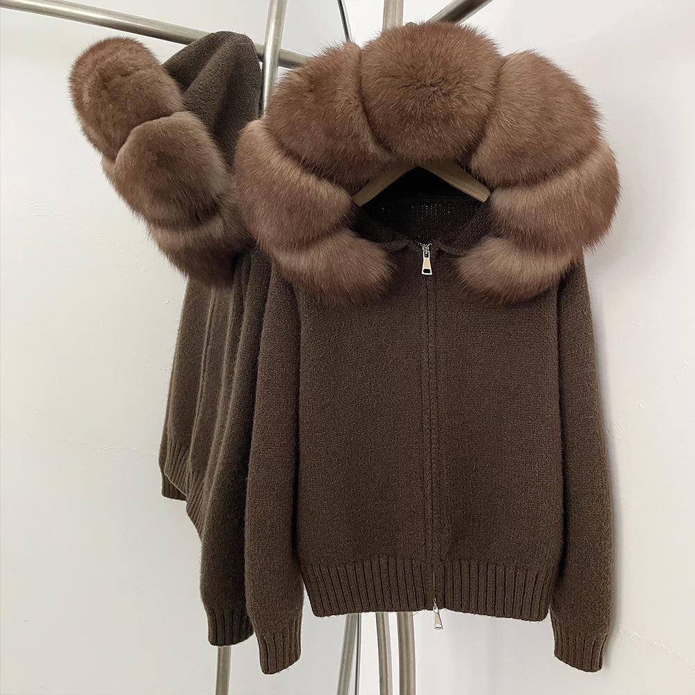OFTBUY Real Fox Fur Kintwear Women New Spring Autumn Hooded Sweater Female Loose Zipper Kintted Jacket Oversized Cardigan