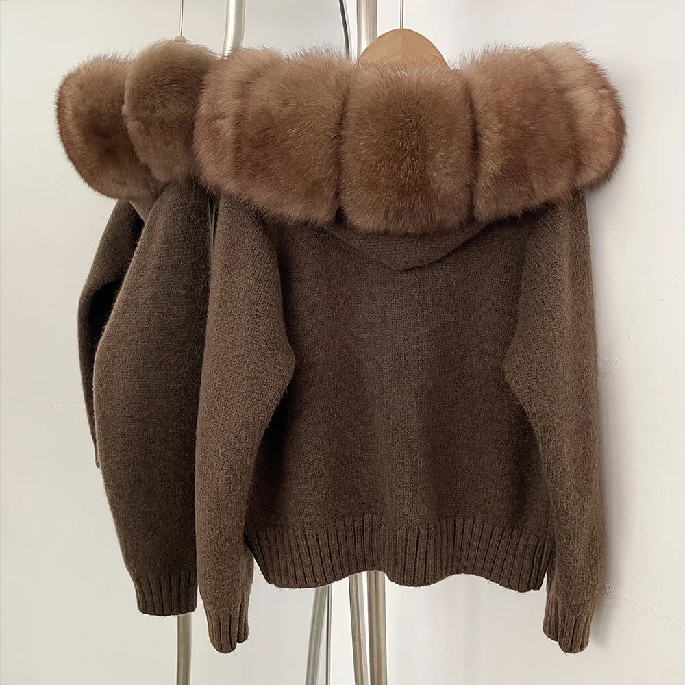 Coat Women Cardigan Natural Fox Fur Coat Women Real Mongolian Fur Knitwear Female Spring Autumn Hooded Knitted Fur Jacket