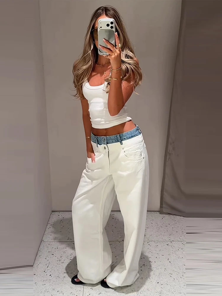 Contrast Denim Pants Women Midi Waist Wide Legs Straight Casual Jeans Female 2026 Autumn Winter New Chic Fashion Soft Streetwear