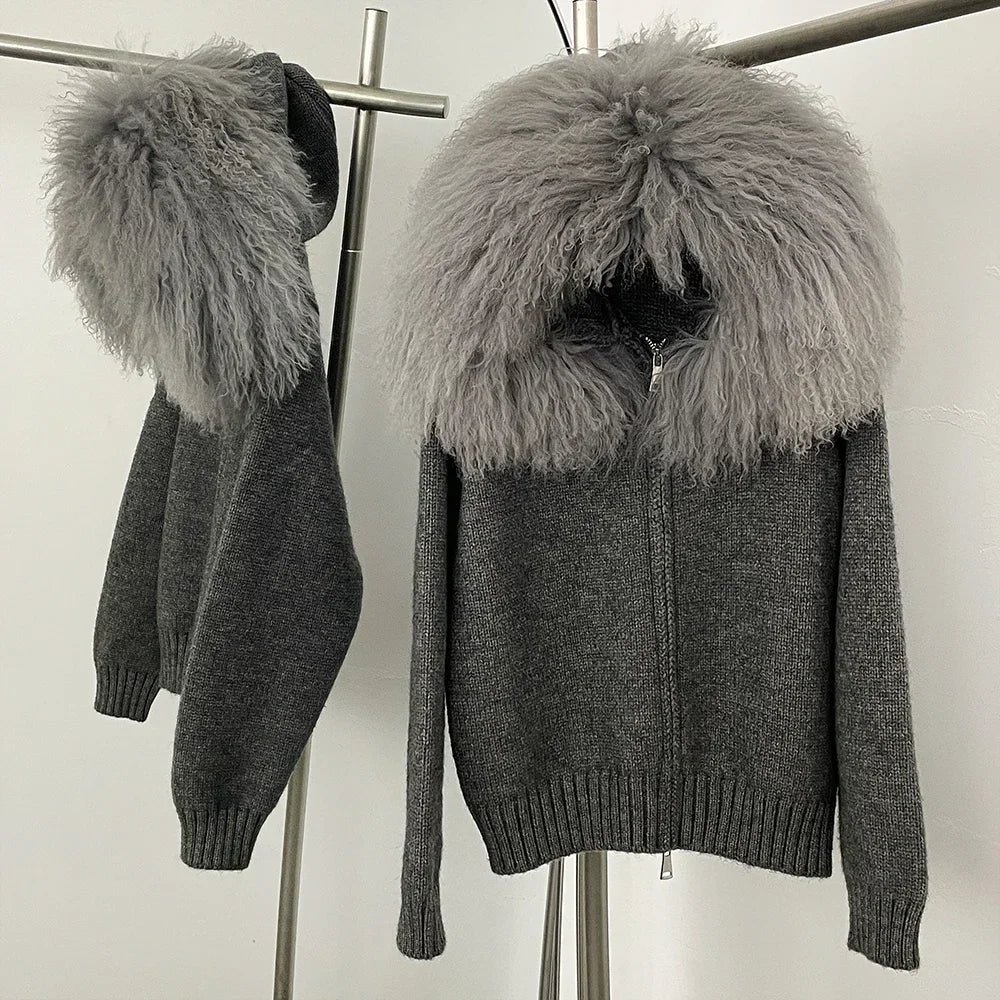 Coat Women Cardigan Natural Fox Fur Coat Women Real Mongolian Fur Knitwear Female Spring Autumn Hooded Knitted Fur Jacket