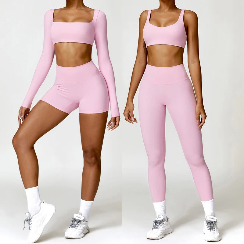 Women Two Pieces Fitness Yoga Set Solid Color Stretchy Soft Gym Suit Breathable Quick Running Sportswear Female Workout Clothes