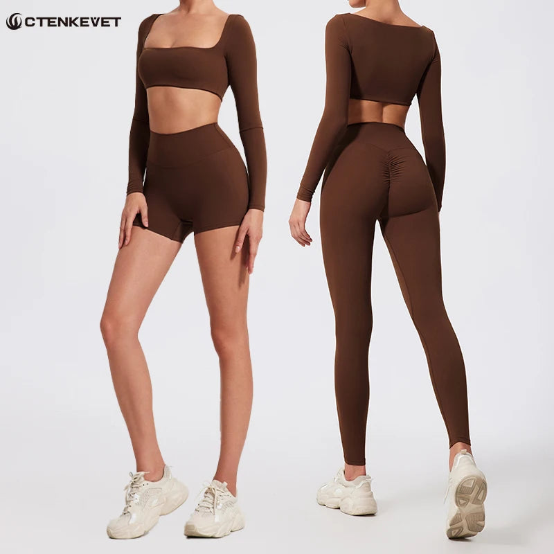 New Summer Long sleeve Shirt Sports Set Women Fitness Yoga Suit Crop Top High Waist Gym Set Women Quick-Dry 2Pcs Yoga Clothes