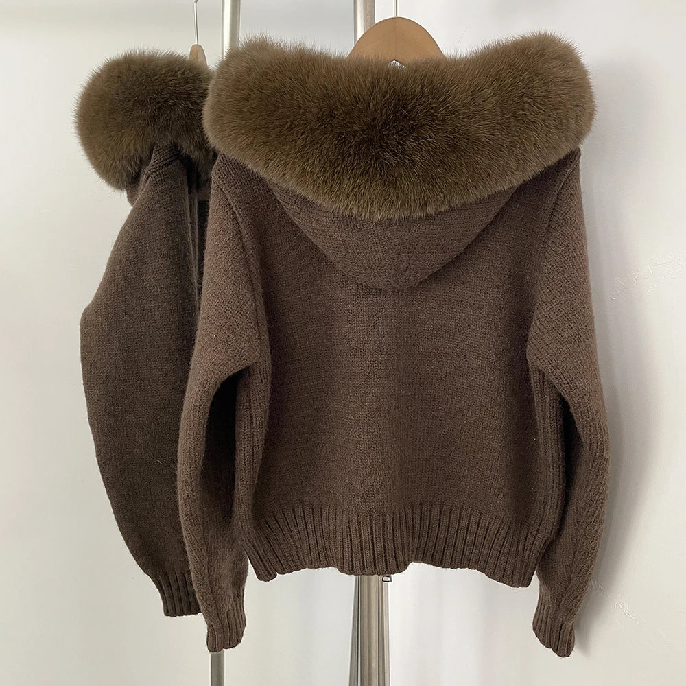 Coat Women Cardigan Natural Fox Fur Coat Women Real Mongolian Fur Knitwear Female Spring Autumn Hooded Knitted Fur Jacket