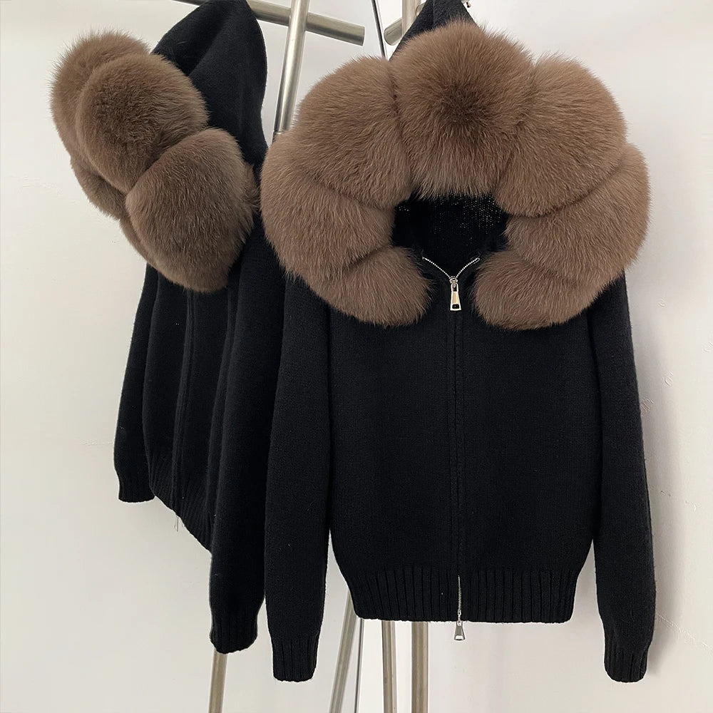 OFTBUY Real Fox Fur Kintwear Women New Spring Autumn Hooded Sweater Female Loose Zipper Kintted Jacket Oversized Cardigan