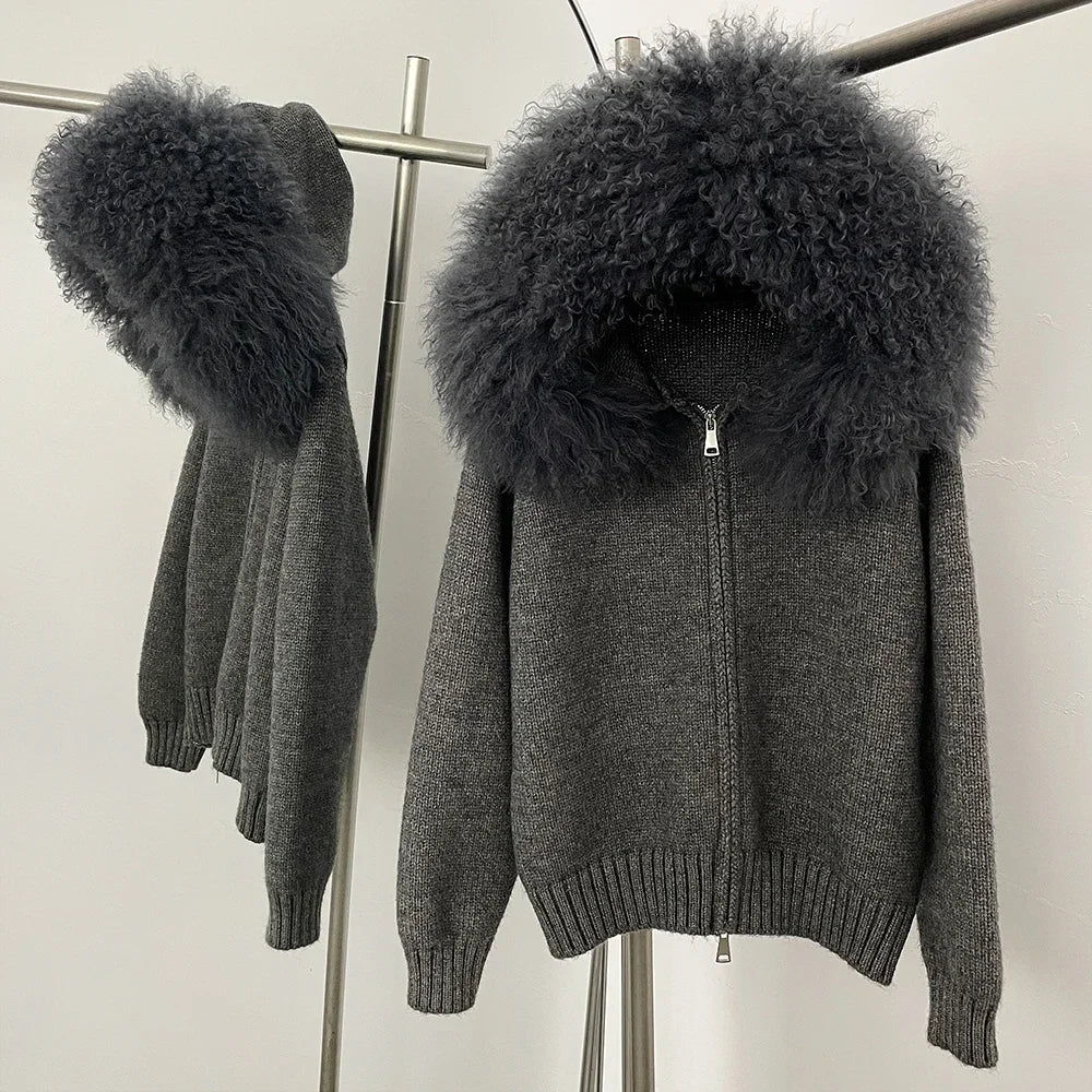 Coat Women Cardigan Natural Fox Fur Coat Women Real Mongolian Fur Knitwear Female Spring Autumn Hooded Knitted Fur Jacket