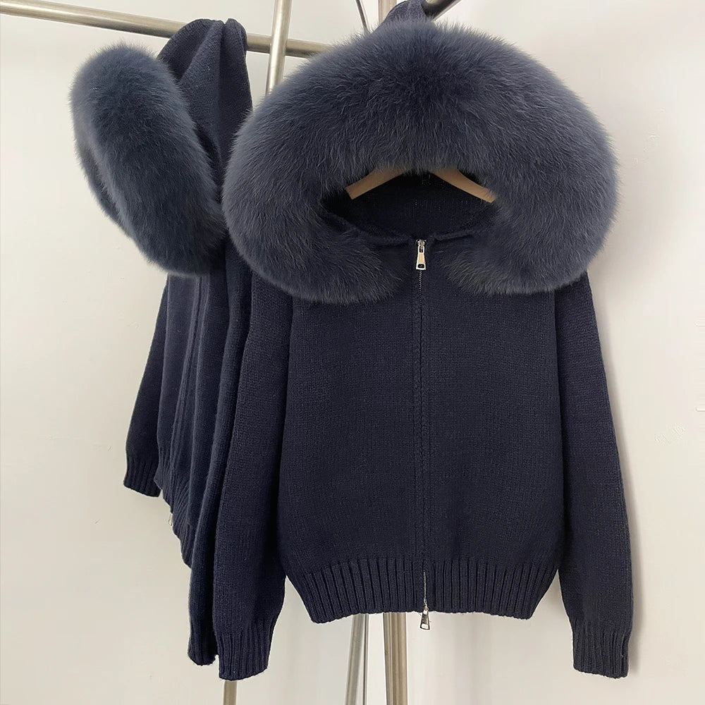 OFTBUY Real Fox Fur Kintwear Women New Spring Autumn Hooded Sweater Female Loose Zipper Kintted Jacket Oversized Cardigan