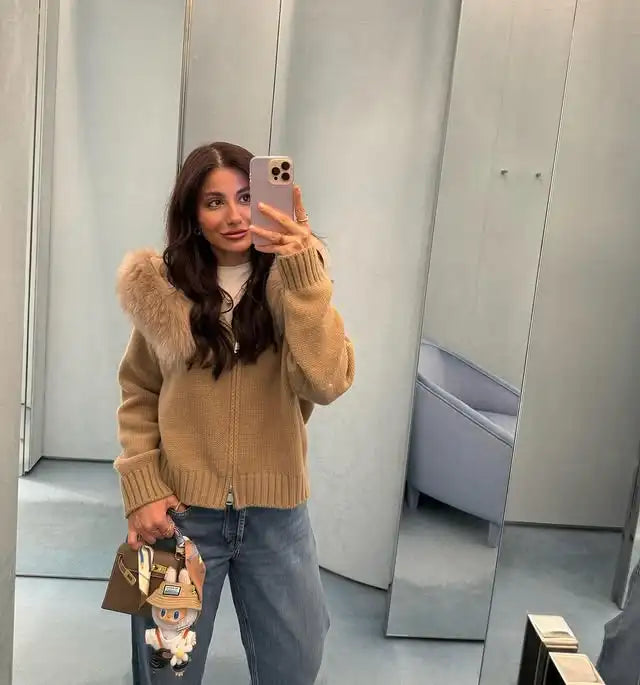 OFTBUY Real Fox Fur Kintwear Women New Spring Autumn Hooded Sweater Female Loose Zipper Kintted Jacket Oversized Cardigan