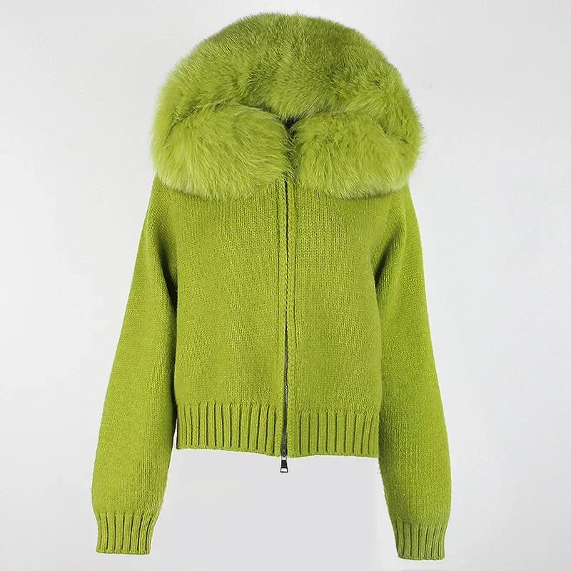 Coat Women Cardigan Natural Fox Fur Coat Women Real Mongolian Fur Knitwear Female Spring Autumn Hooded Knitted Fur Jacket