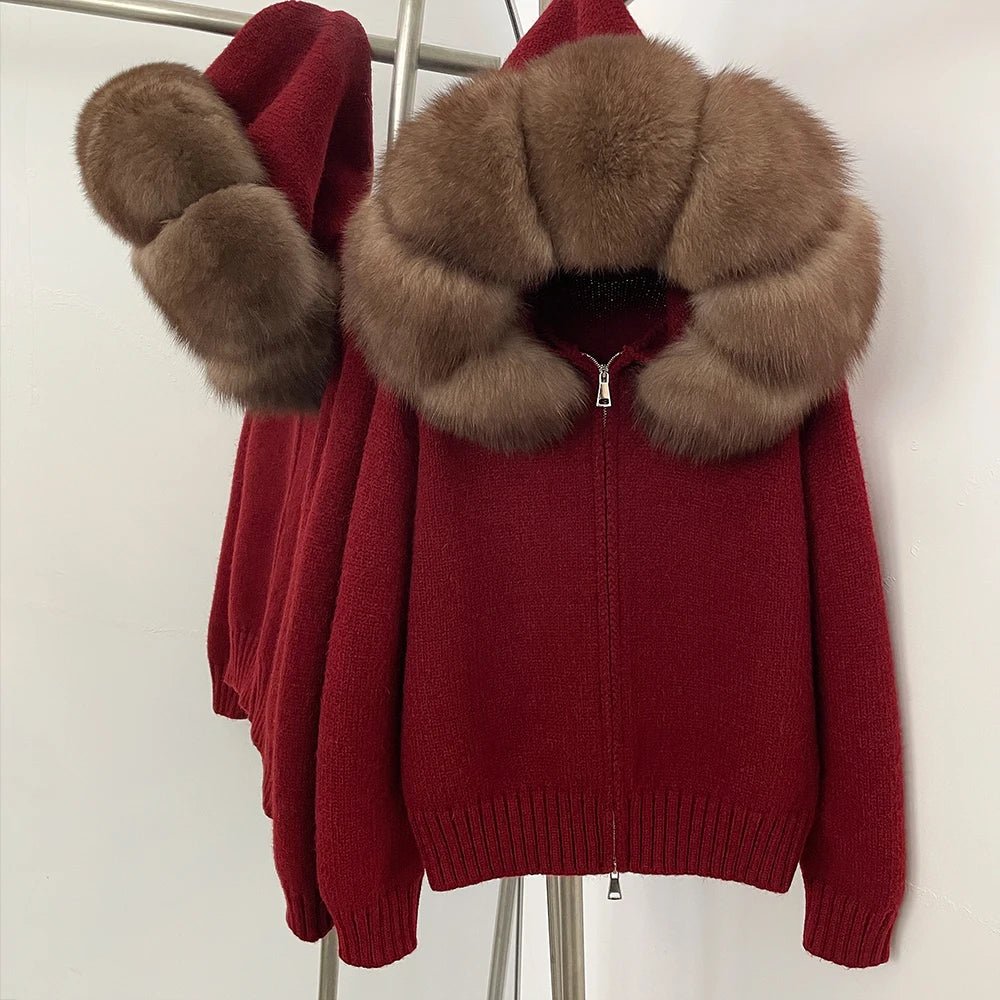 Coat Women Cardigan Natural Fox Fur Coat Women Real Mongolian Fur Knitwear Female Spring Autumn Hooded Knitted Fur Jacket