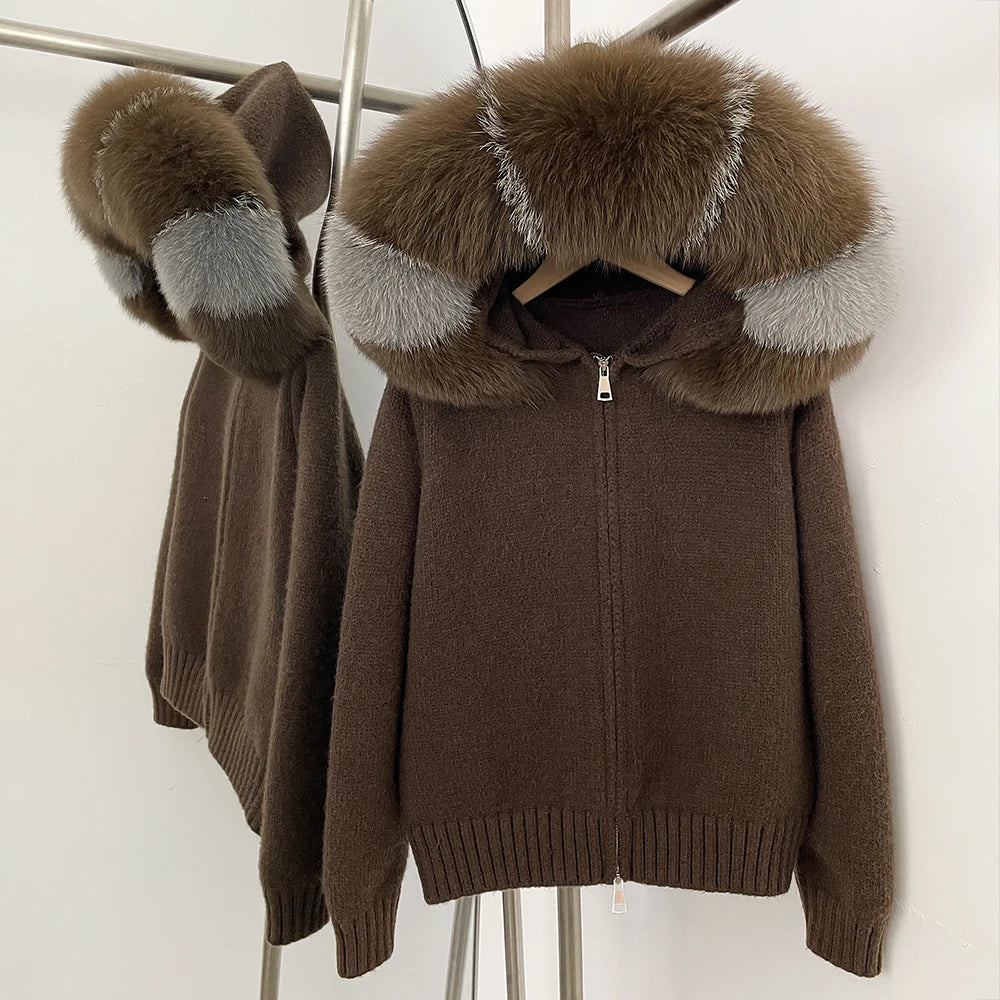 OFTBUY Real Fox Fur Kintwear Women New Spring Autumn Hooded Sweater Female Loose Zipper Kintted Jacket Oversized Cardigan