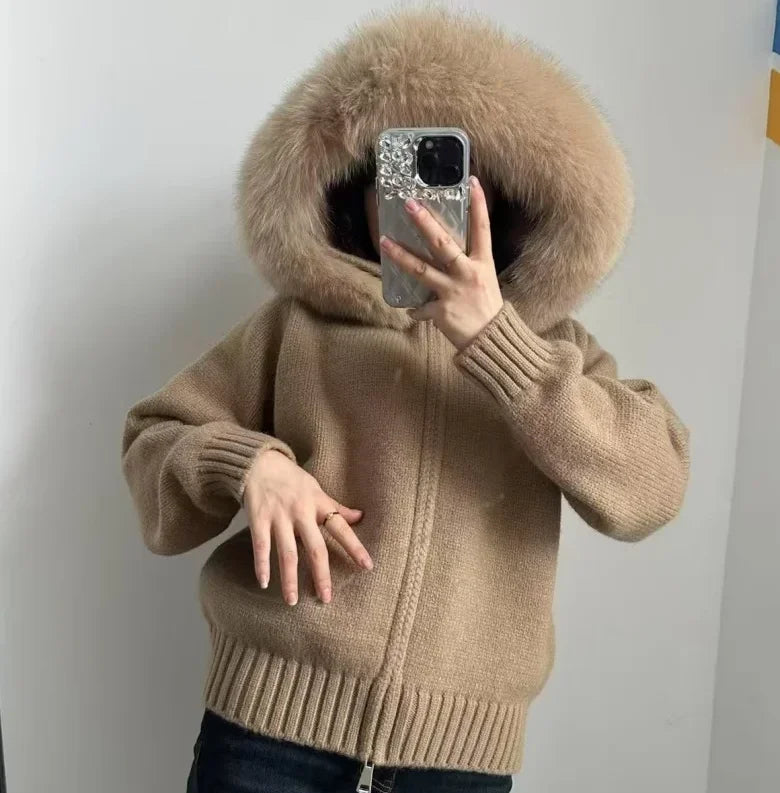 Coat Women Cardigan Natural Fox Fur Coat Women Real Mongolian Fur Knitwear Female Spring Autumn Hooded Knitted Fur Jacket