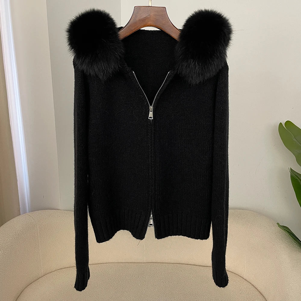 OFTBUY Real Fox Fur Kintwear Women New Spring Autumn Hooded Sweater Female Loose Zipper Kintted Jacket Oversized Cardigan