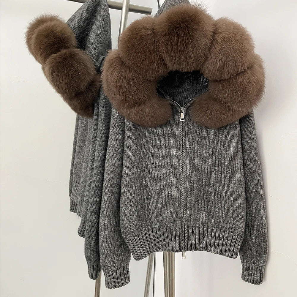 OFTBUY Real Fox Fur Kintwear Women New Spring Autumn Hooded Sweater Female Loose Zipper Kintted Jacket Oversized Cardigan