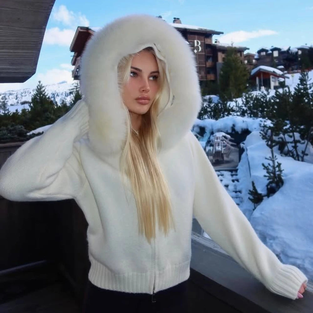 OFTBUY Real Fox Fur Kintwear Women New Spring Autumn Hooded Sweater Female Loose Zipper Kintted Jacket Oversized Cardigan