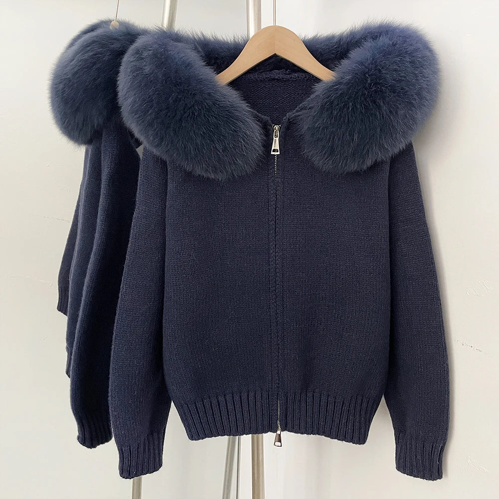 Coat Women Cardigan Natural Fox Fur Coat Women Real Mongolian Fur Knitwear Female Spring Autumn Hooded Knitted Fur Jacket