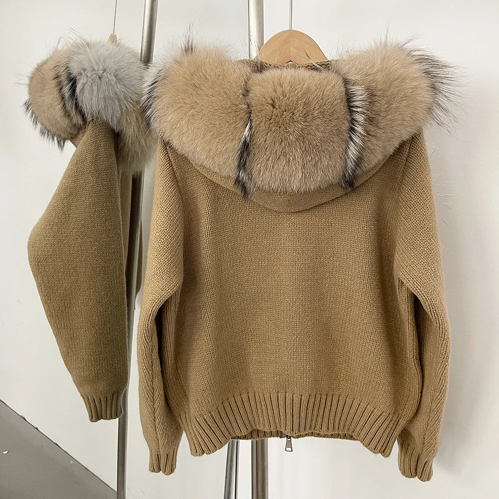 Coat Women Cardigan Natural Fox Fur Coat Women Real Mongolian Fur Knitwear Female Spring Autumn Hooded Knitted Fur Jacket