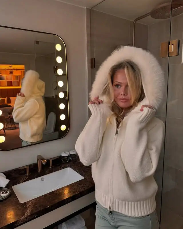 OFTBUY Real Fox Fur Kintwear Women New Spring Autumn Hooded Sweater Female Loose Zipper Kintted Jacket Oversized Cardigan