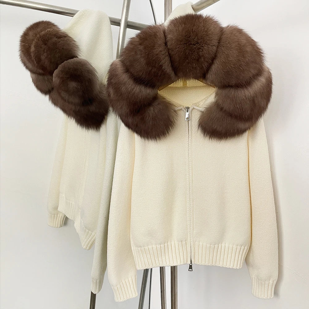 OFTBUY Real Fox Fur Kintwear Women New Spring Autumn Hooded Sweater Female Loose Zipper Kintted Jacket Oversized Cardigan