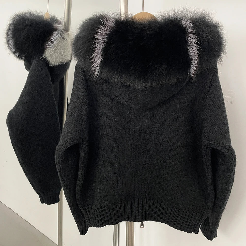 Coat Women Cardigan Natural Fox Fur Coat Women Real Mongolian Fur Knitwear Female Spring Autumn Hooded Knitted Fur Jacket