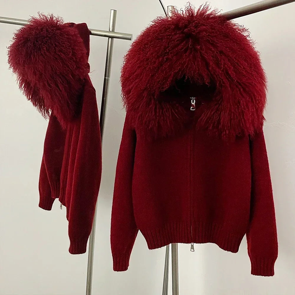 Coat Women Cardigan Natural Fox Fur Coat Women Real Mongolian Fur Knitwear Female Spring Autumn Hooded Knitted Fur Jacket