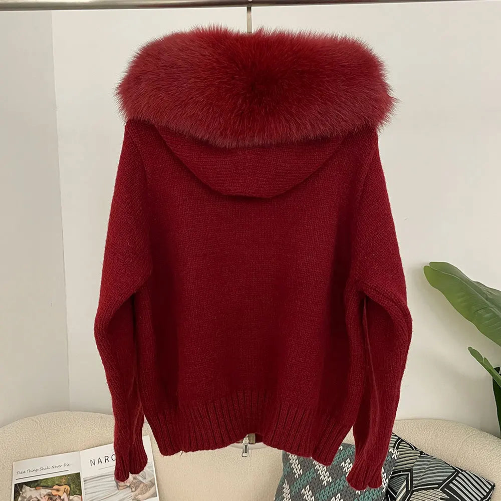 OFTBUY Real Fox Fur Kintwear Women New Spring Autumn Hooded Sweater Female Loose Zipper Kintted Jacket Oversized Cardigan