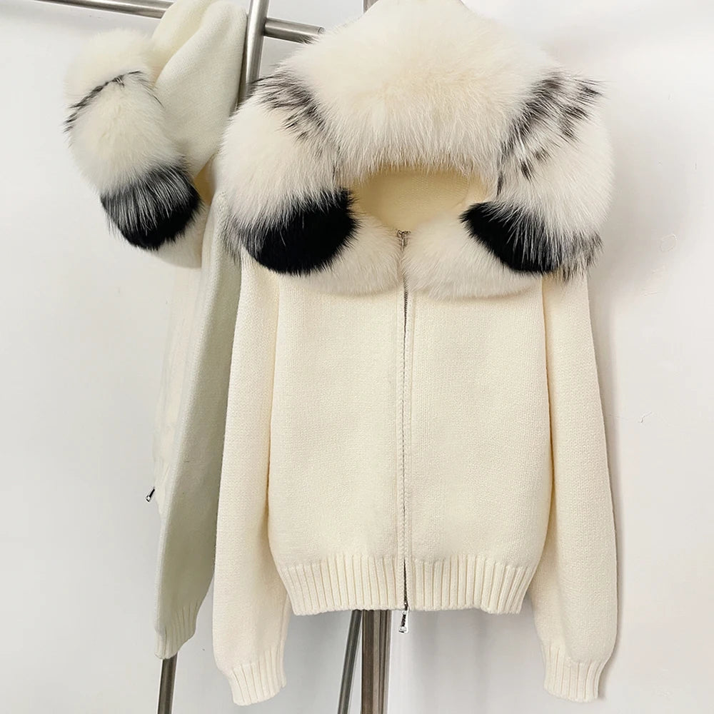OFTBUY Real Fox Fur Kintwear Women New Spring Autumn Hooded Sweater Female Loose Zipper Kintted Jacket Oversized Cardigan