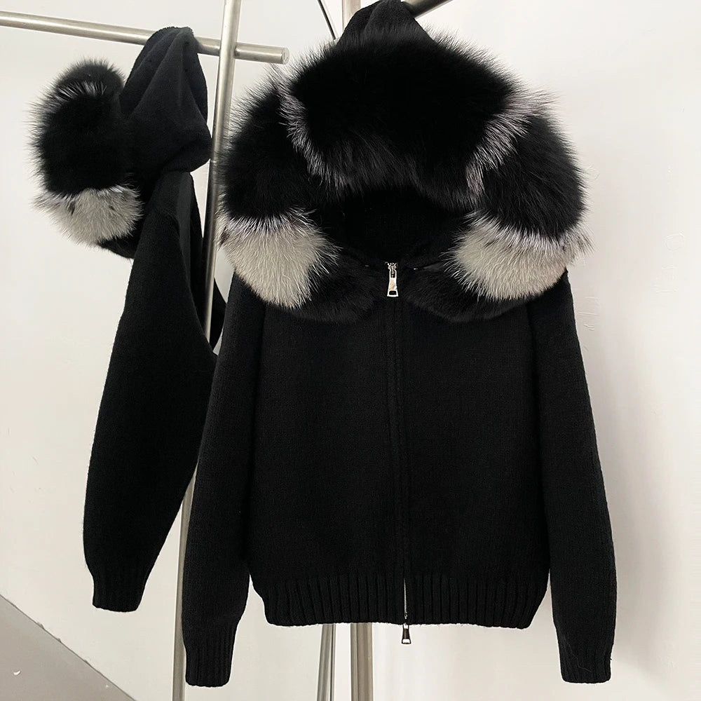 OFTBUY Real Fox Fur Kintwear Women New Spring Autumn Hooded Sweater Female Loose Zipper Kintted Jacket Oversized Cardigan