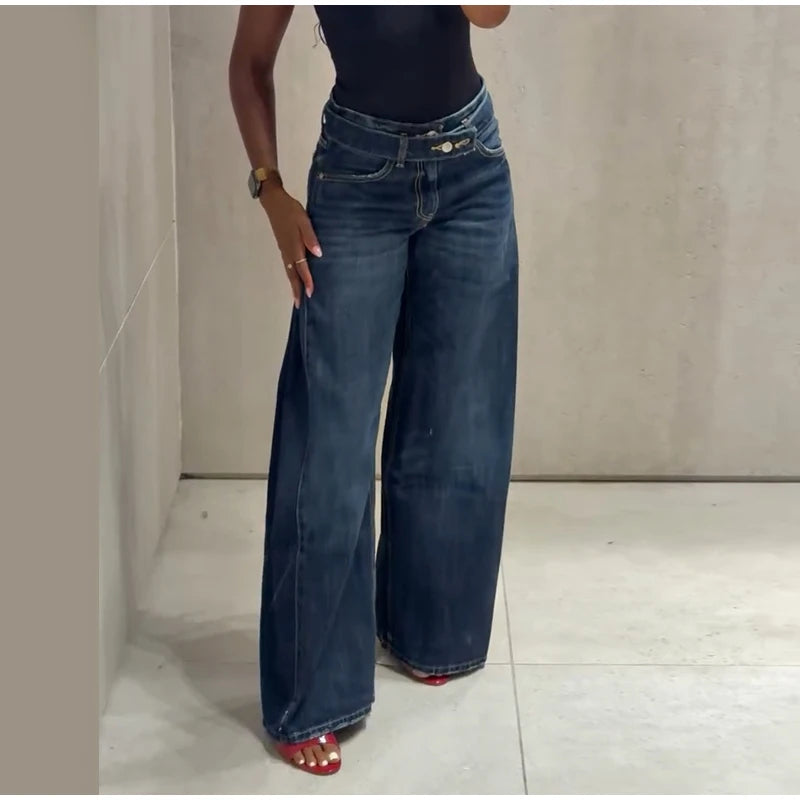 Contrast Denim Pants Women Midi Waist Wide Legs Straight Casual Jeans Female 2026 Autumn Winter New Chic Fashion Soft Streetwear