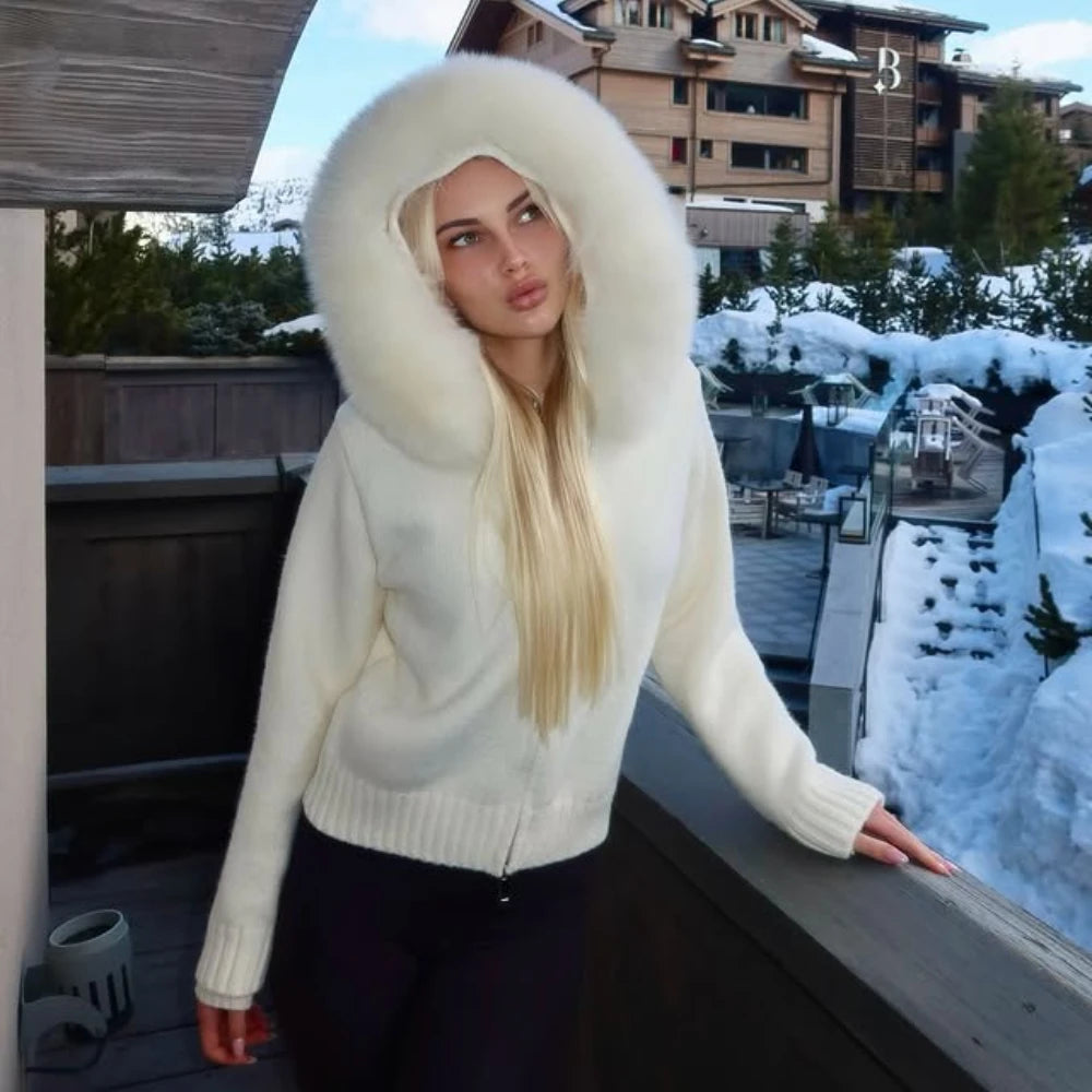 OFTBUY Real Fox Fur Kintwear Women New Spring Autumn Hooded Sweater Female Loose Zipper Kintted Jacket Oversized Cardigan