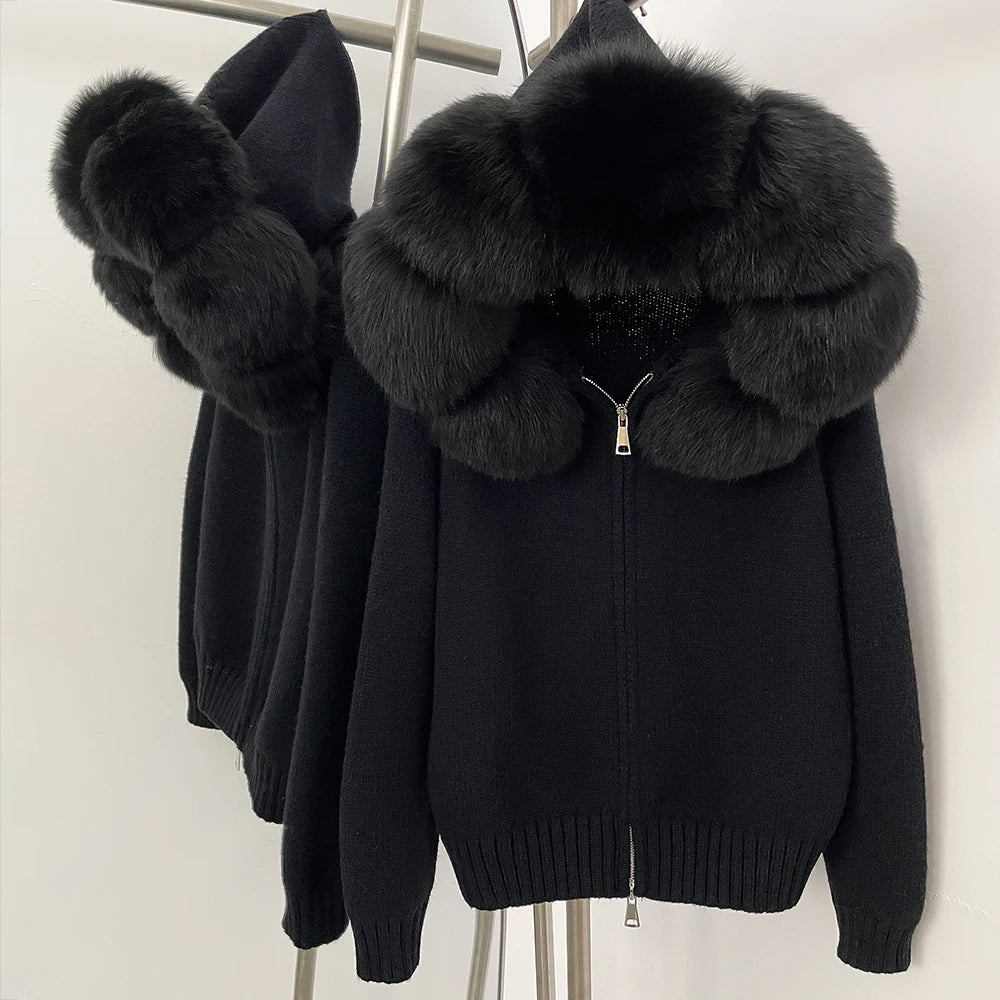 Coat Women Cardigan Natural Fox Fur Coat Women Real Mongolian Fur Knitwear Female Spring Autumn Hooded Knitted Fur Jacket